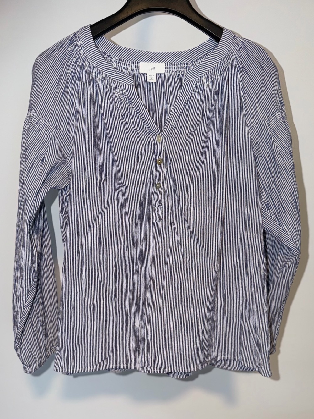J. Jill Navy and White Striped Button-Front Peasant Blouse